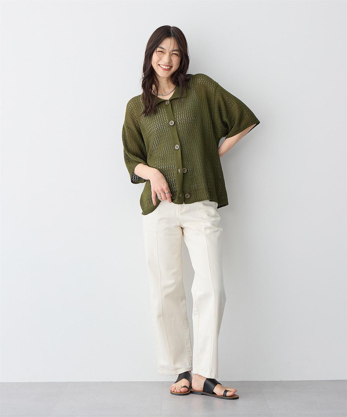 anyfee 【anyfee/プラスサイズ】透かし編みポロニットカーディガン_sub_4