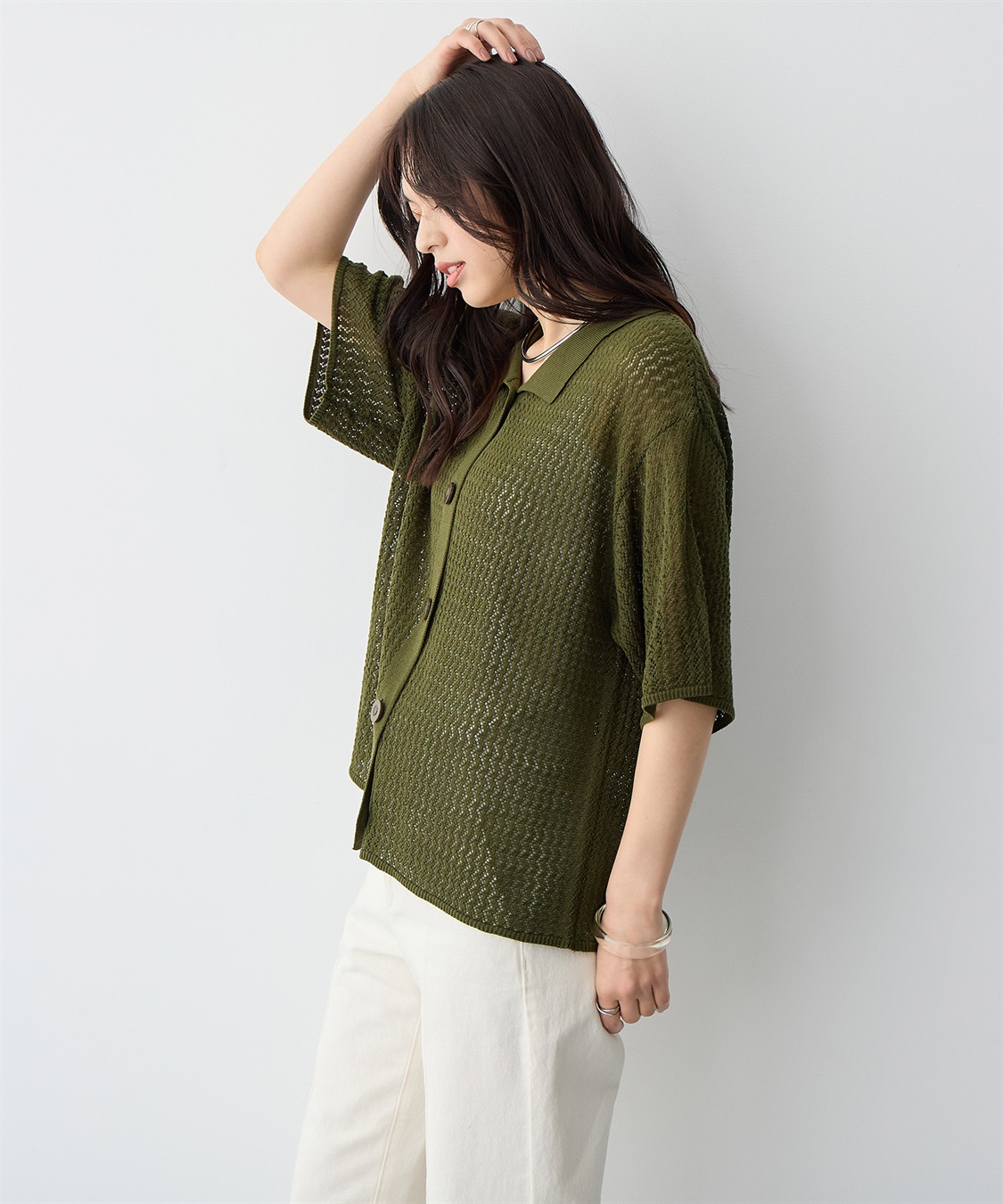 anyfee 【anyfee/プラスサイズ】透かし編みポロニットカーディガン_sub_5