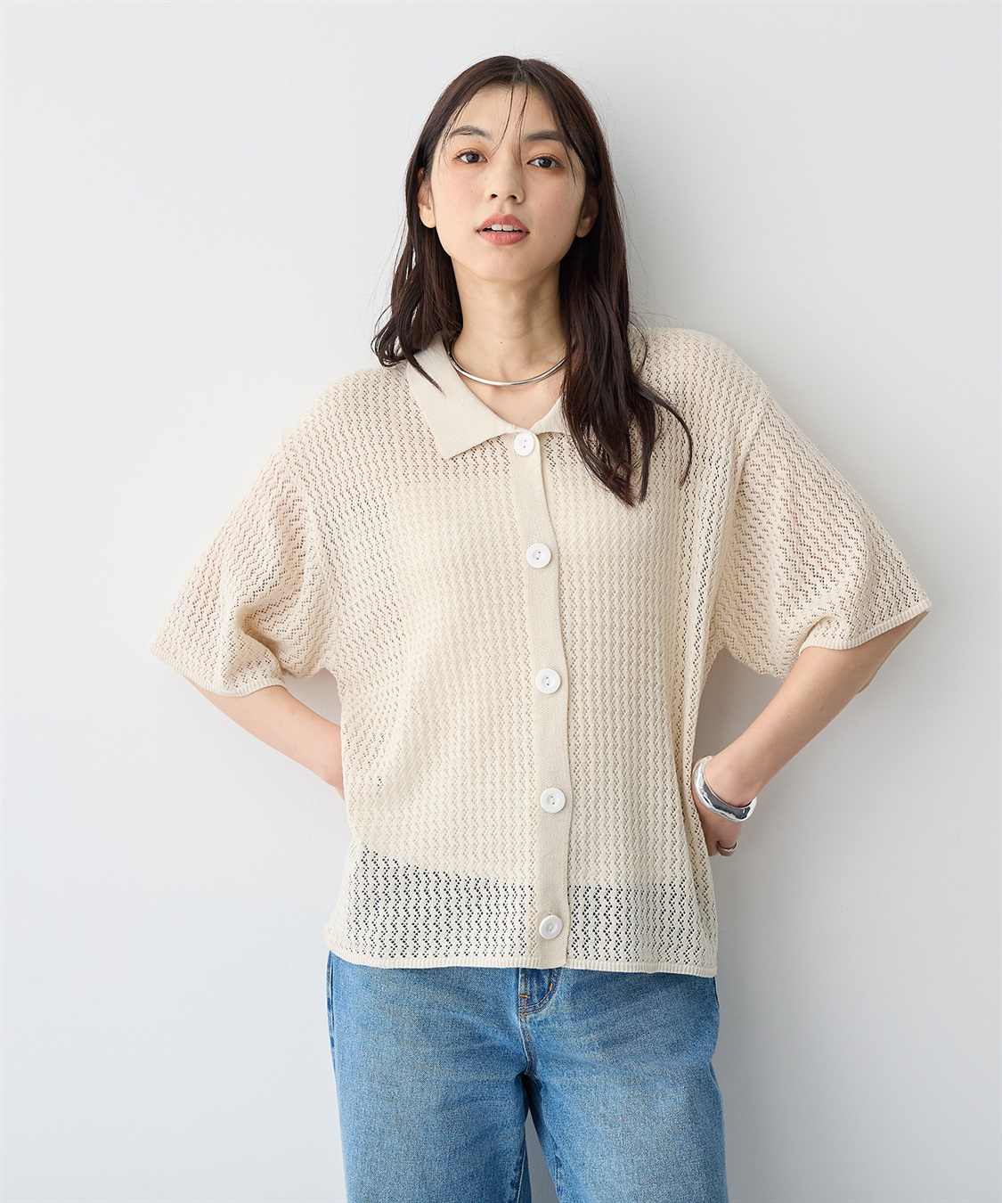 anyfee 【anyfee/プラスサイズ】透かし編みポロニットカーディガン_sub_8