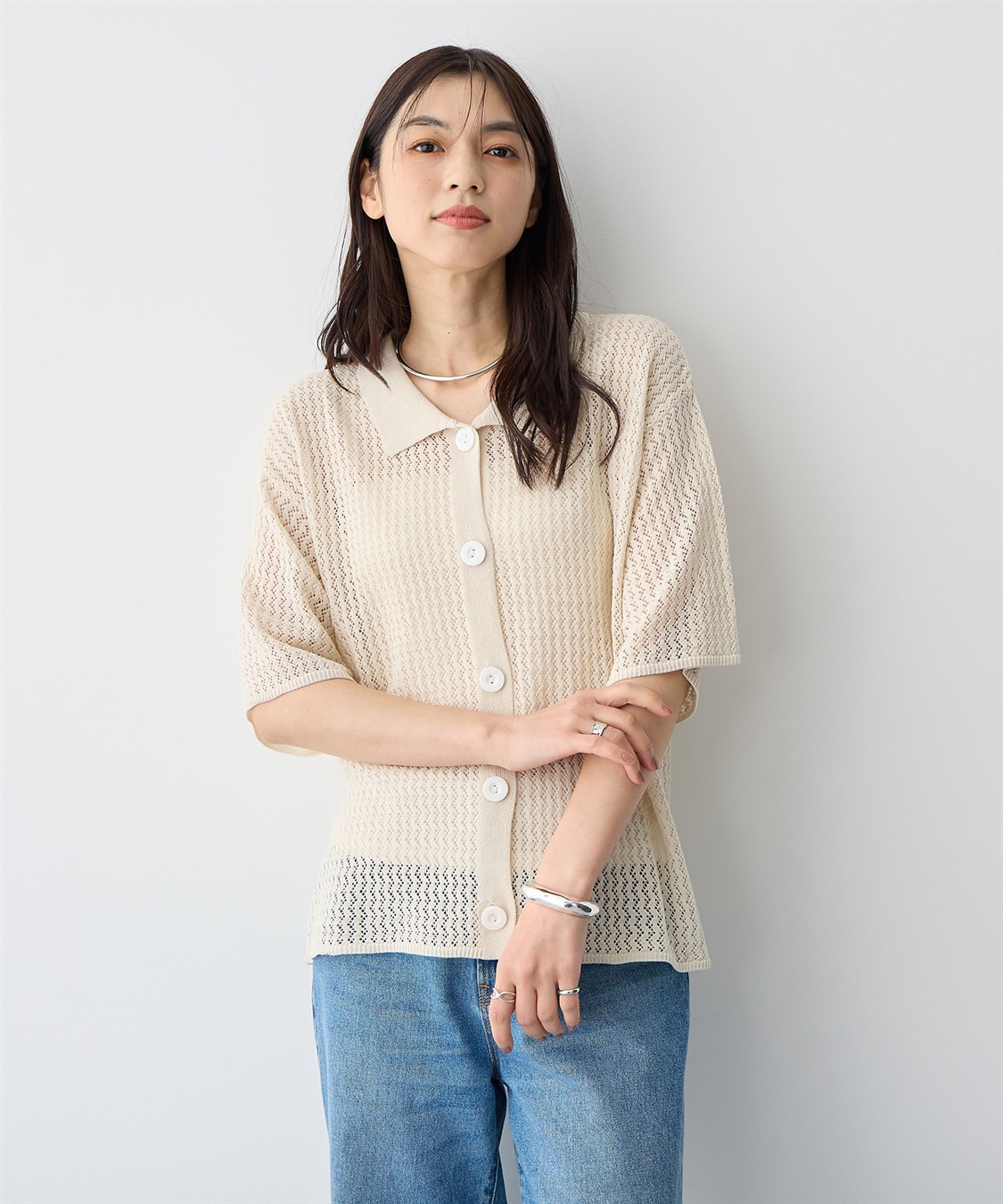 anyfee 【anyfee/プラスサイズ】透かし編みポロニットカーディガン_sub_9