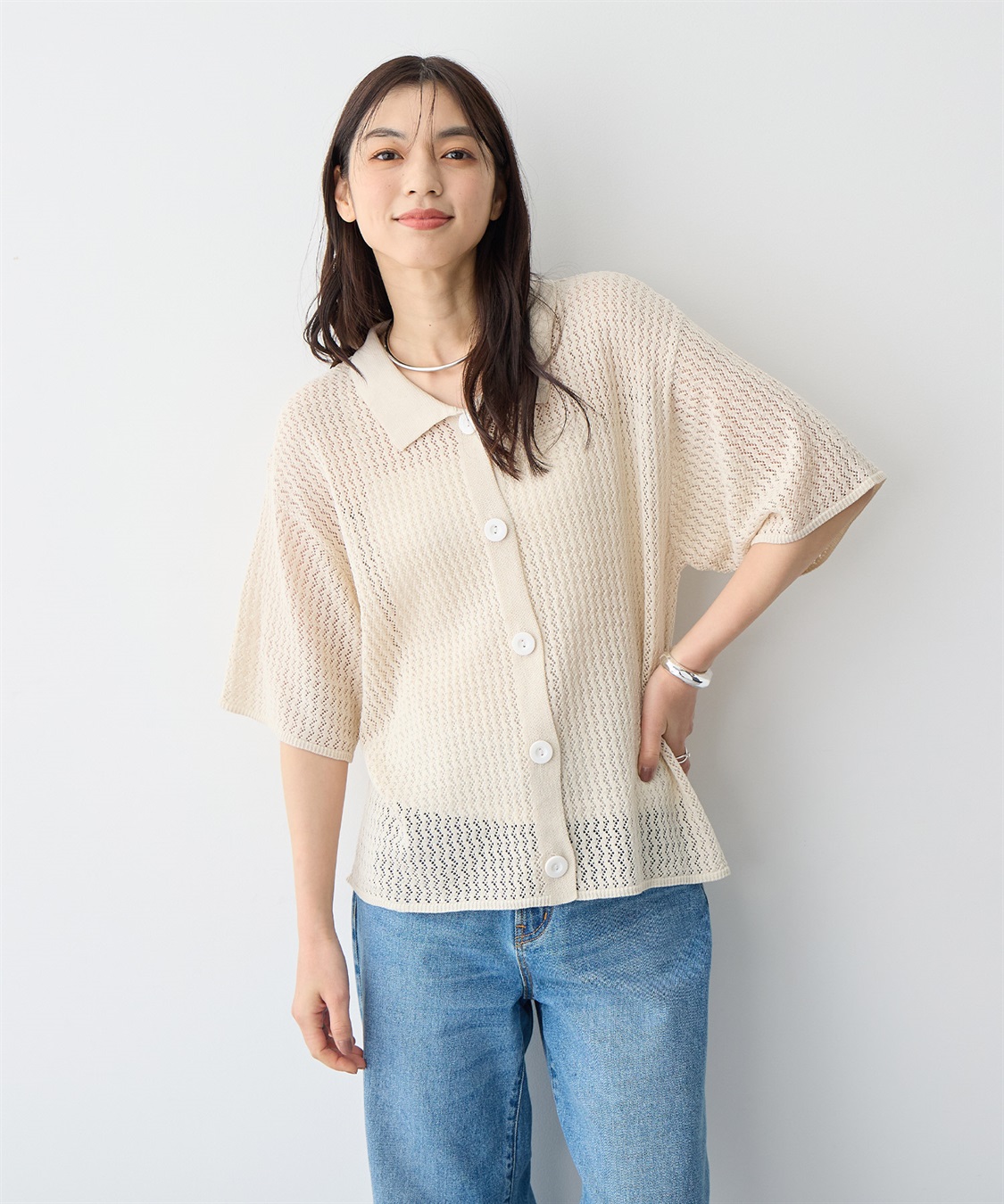 anyfee 【anyfee/プラスサイズ】透かし編みポロニットカーディガン_sub_10