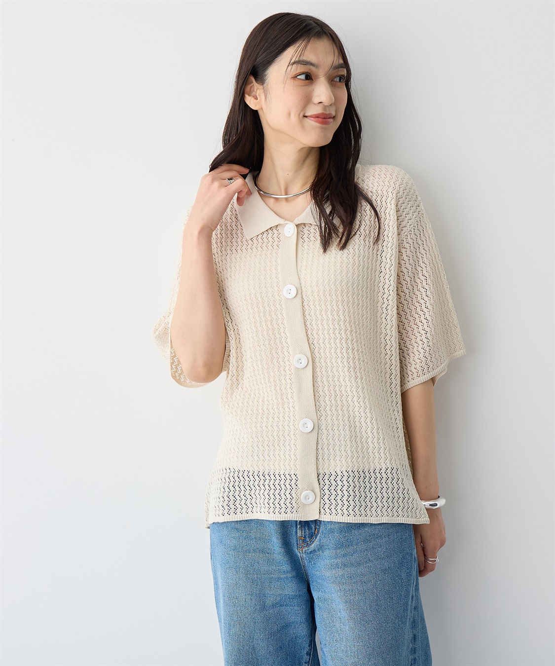 anyfee 【anyfee/プラスサイズ】透かし編みポロニットカーディガン_sub_11