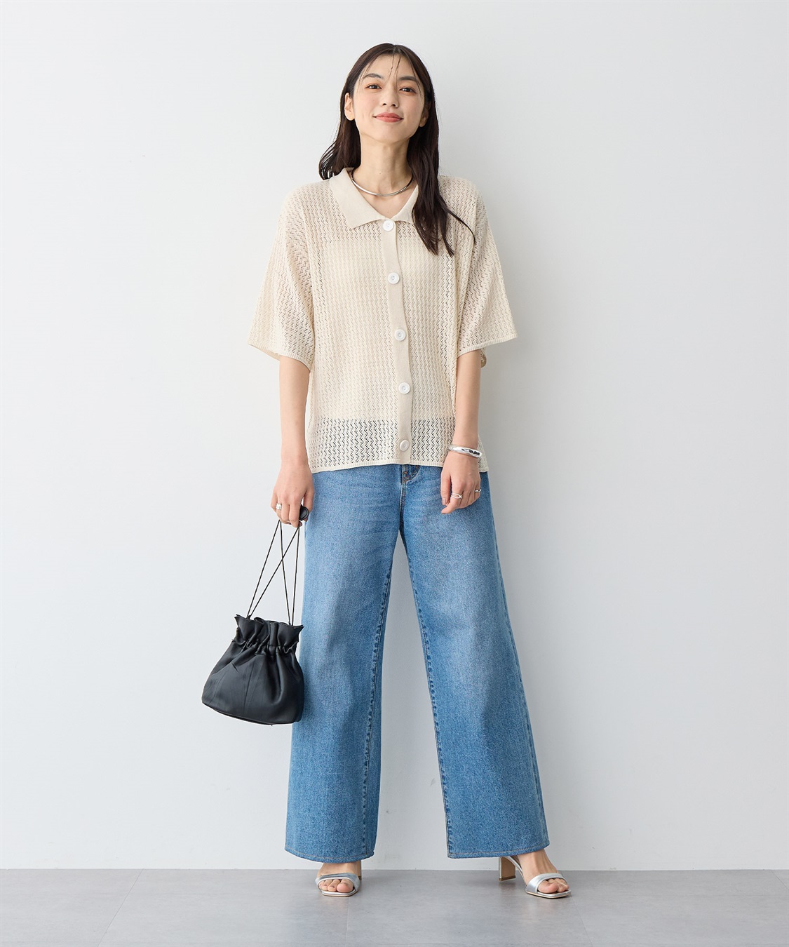 anyfee 【anyfee/プラスサイズ】透かし編みポロニットカーディガン_sub_12