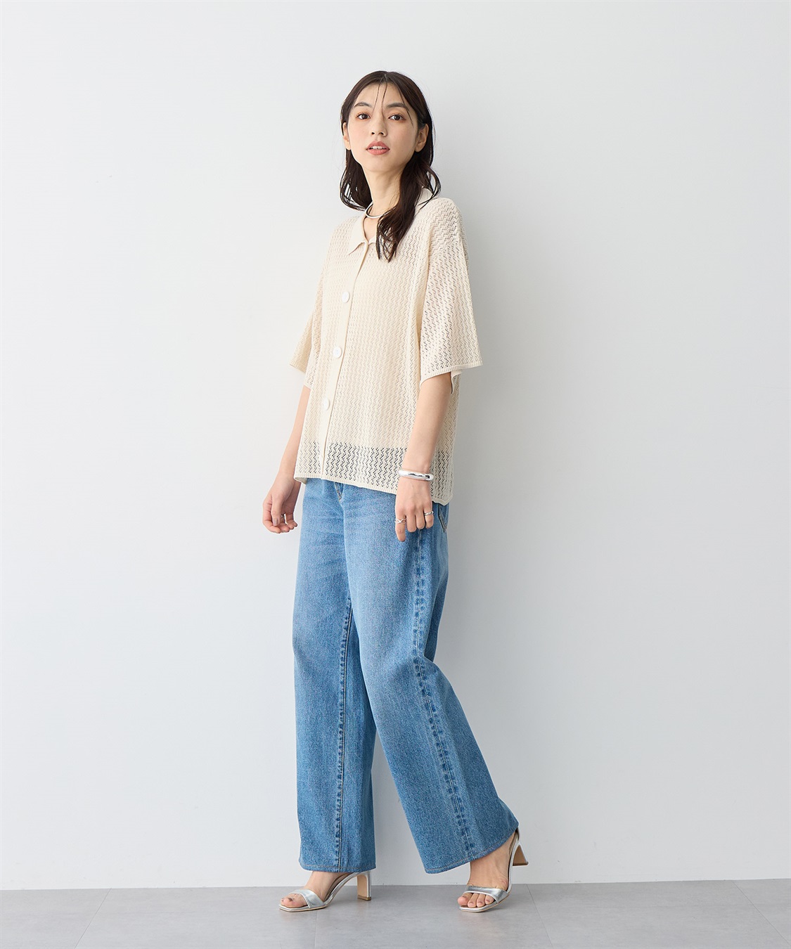 anyfee 【anyfee/プラスサイズ】透かし編みポロニットカーディガン_sub_13