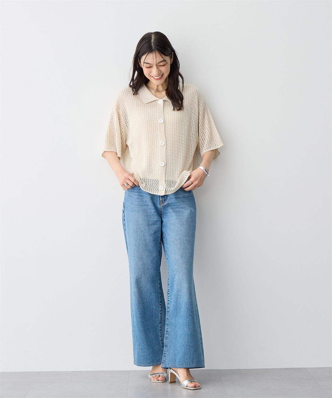 anyfee 【anyfee/プラスサイズ】透かし編みポロニットカーディガン_sub_14