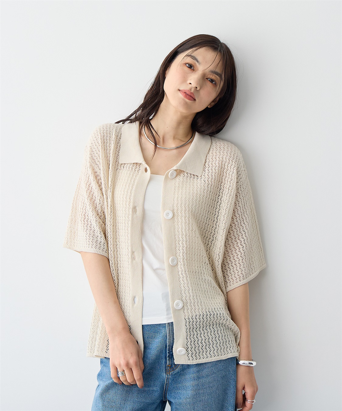 anyfee 【anyfee/プラスサイズ】透かし編みポロニットカーディガン_sub_15
