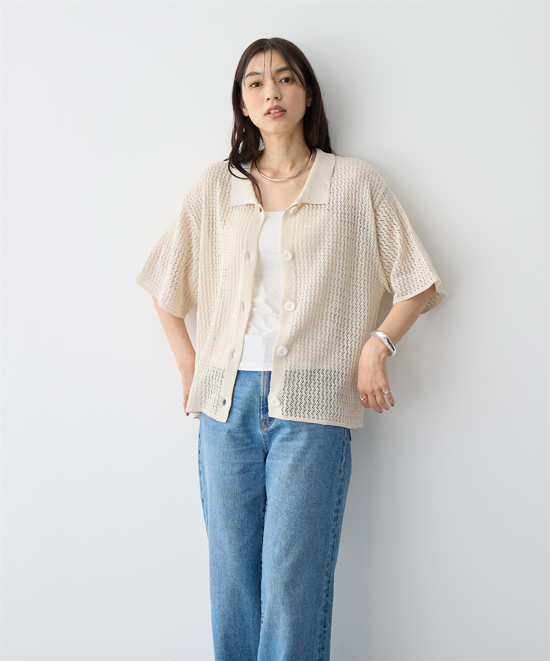 anyfee 【anyfee/プラスサイズ】透かし編みポロニットカーディガン_sub_16
