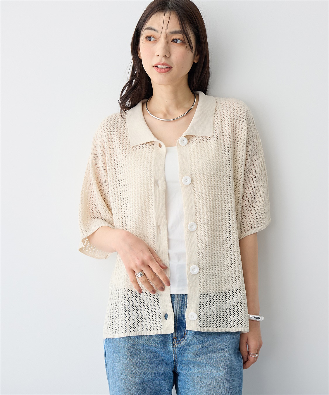 anyfee 【anyfee/プラスサイズ】透かし編みポロニットカーディガン_sub_17