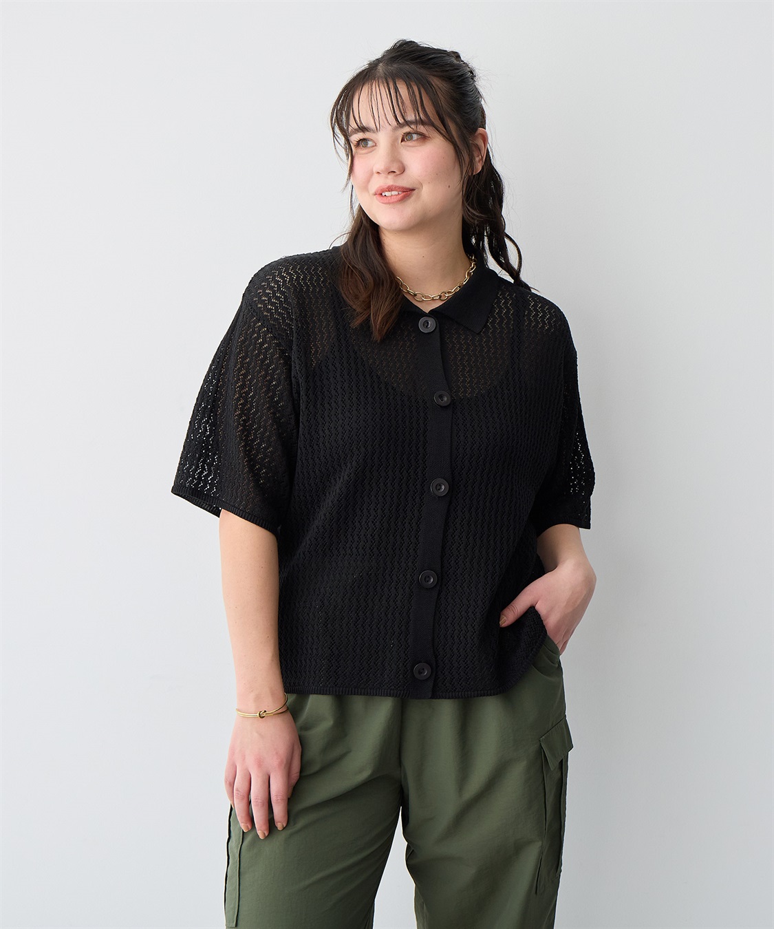 anyfee 【anyfee/プラスサイズ】透かし編みポロニットカーディガン_sub_19