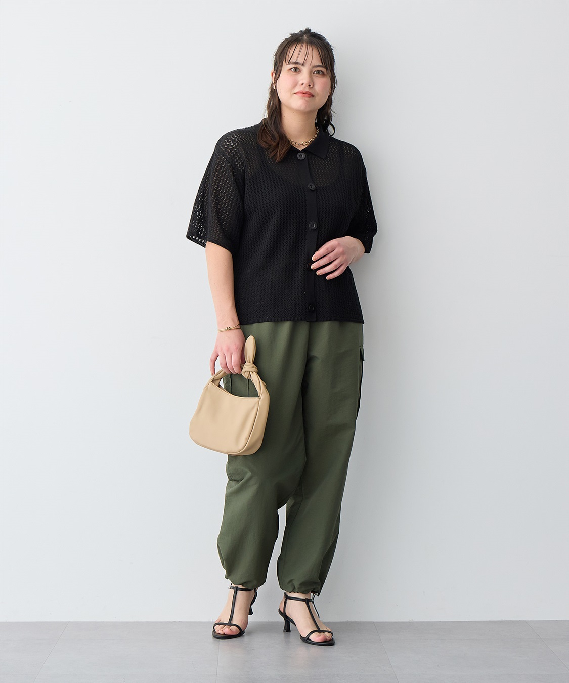 anyfee 【anyfee/プラスサイズ】透かし編みポロニットカーディガン_sub_22