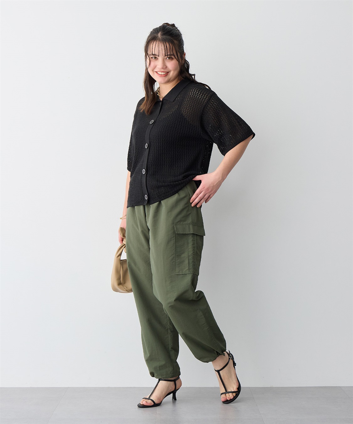 anyfee 【anyfee/プラスサイズ】透かし編みポロニットカーディガン_sub_23