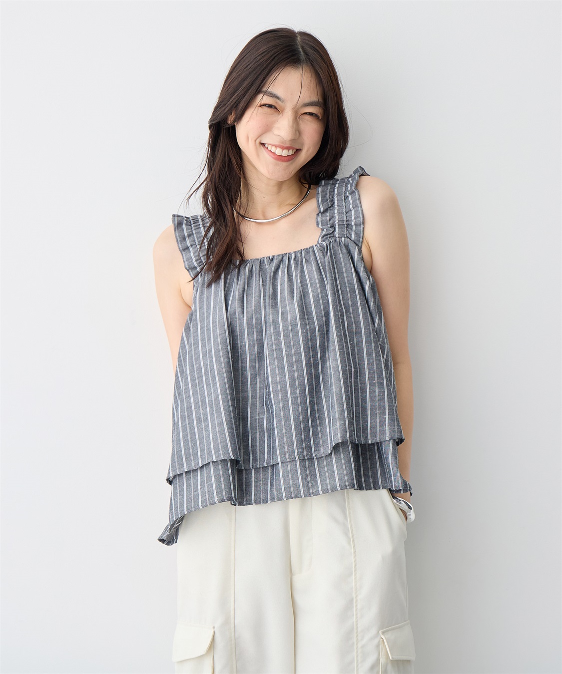 anyfee 【anyfee/プラスサイズ】肩ギャザーフレアキャミブラウス（UVカット・接触冷感）_sub_1