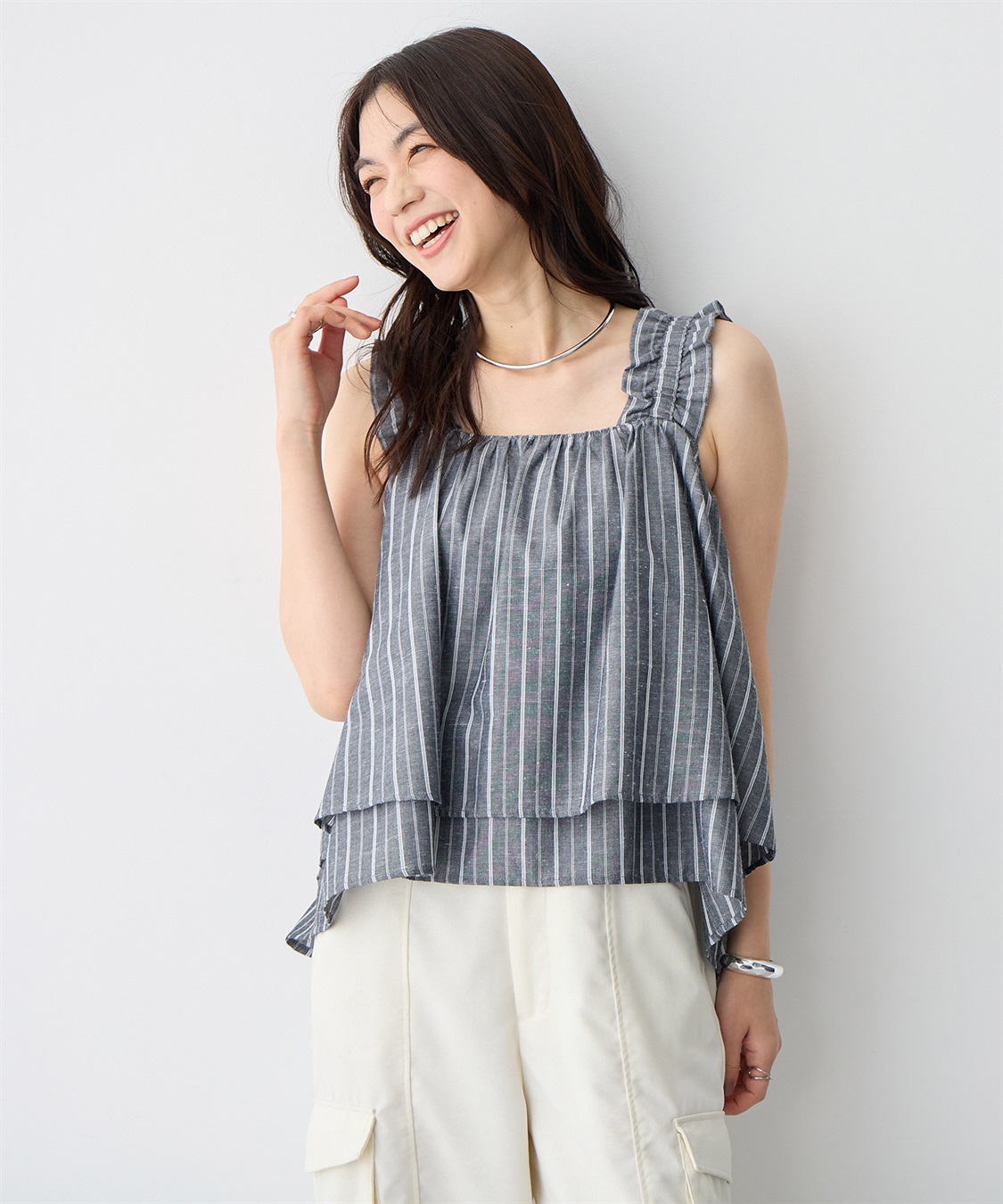 anyfee 【anyfee/プラスサイズ】肩ギャザーフレアキャミブラウス（UVカット・接触冷感）_sub_2