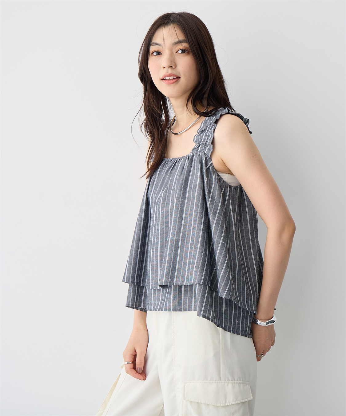 anyfee 【anyfee/プラスサイズ】肩ギャザーフレアキャミブラウス（UVカット・接触冷感）_sub_3