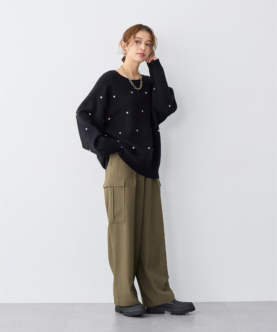 anyfee 【anyfee/大きいサイズ】Wフェイスハート柄ジャガードラグランニット_sub_4