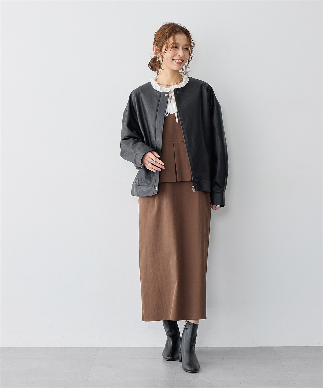 美品✨自由区　レザージャケット　ノーカラー　ブラック　大きいサイズ50 anyfee/大きいサイズ】フェイクレザーノーカラージャケット