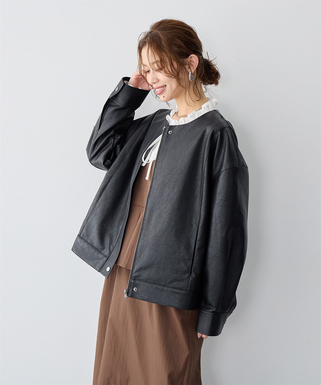 Life Style by cross marche 【anyfee/大きいサイズ】フェイクレザーノーカラージャケット_sub_8