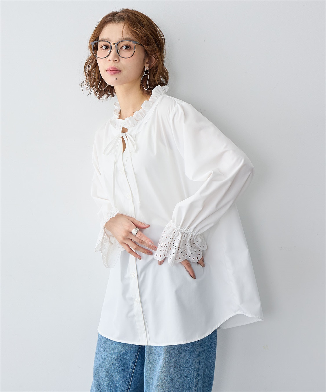 Life Style by cross marche 【anyfee/大きいサイズ】袖口レースフリル襟シャツ/ブラウス_sub_1