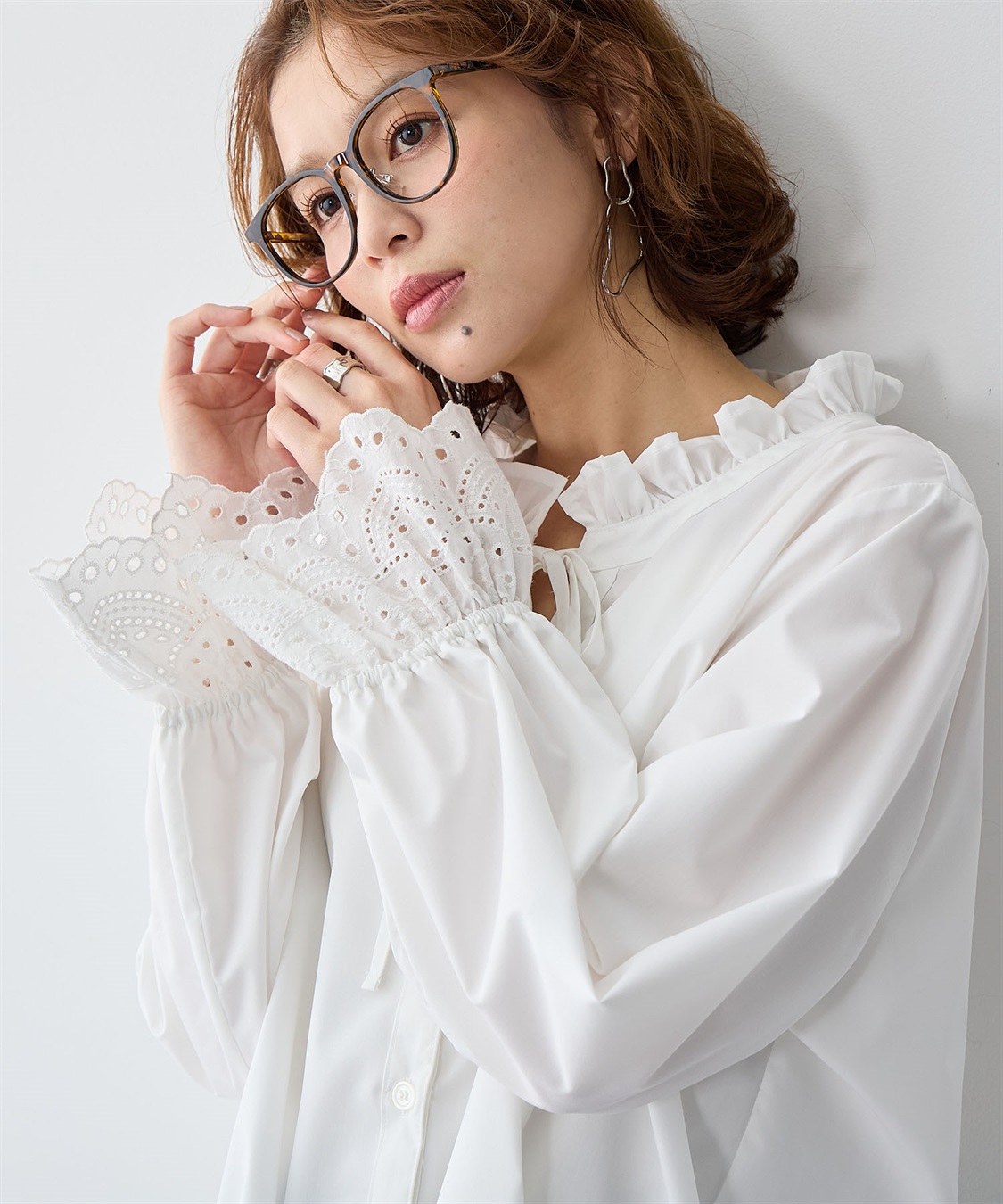 Life Style by cross marche 【anyfee/大きいサイズ】袖口レースフリル襟シャツ/ブラウス_sub_3