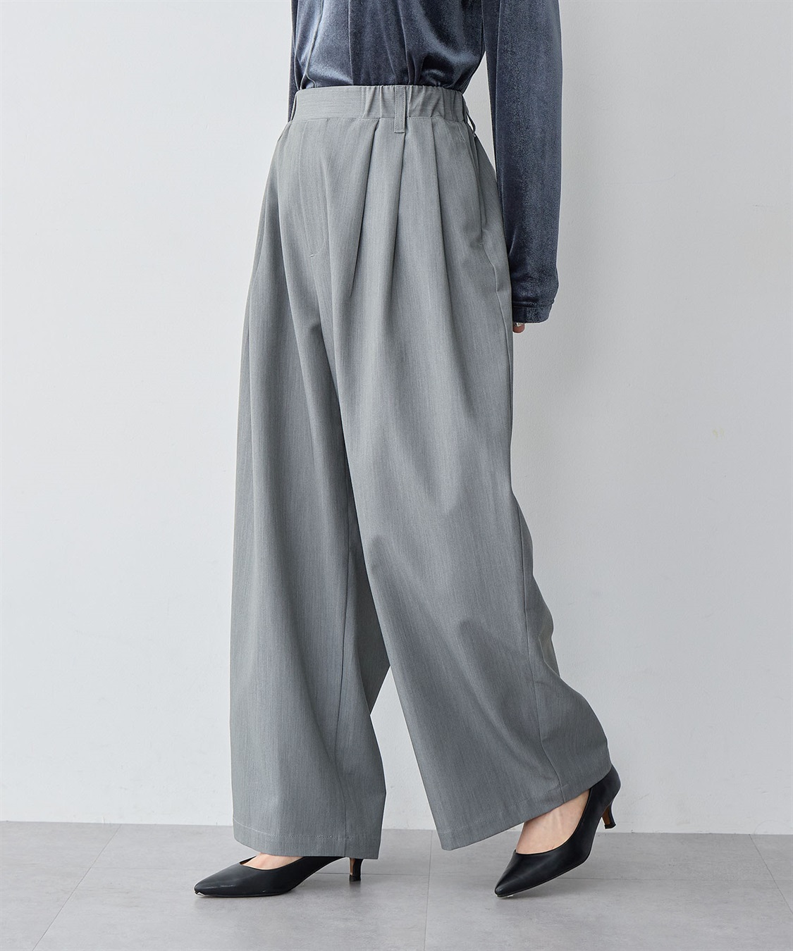 anyfee/大きいサイズ】ウエストゴム多タックワイドパンツ《低身長