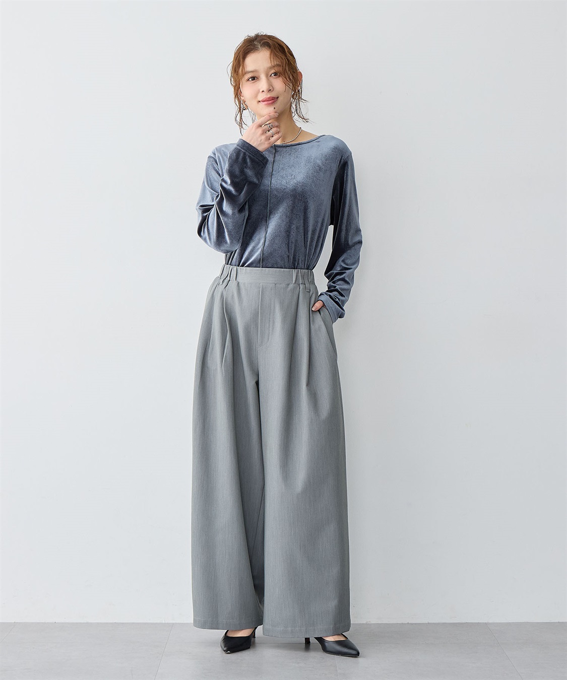 anyfee/大きいサイズ】ウエストゴム多タックワイドパンツ《低身長