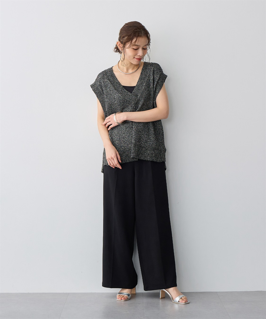 anyfee 【anyfee/プラスサイズ】ニットジョーゼットワイドパンツ_sub_6