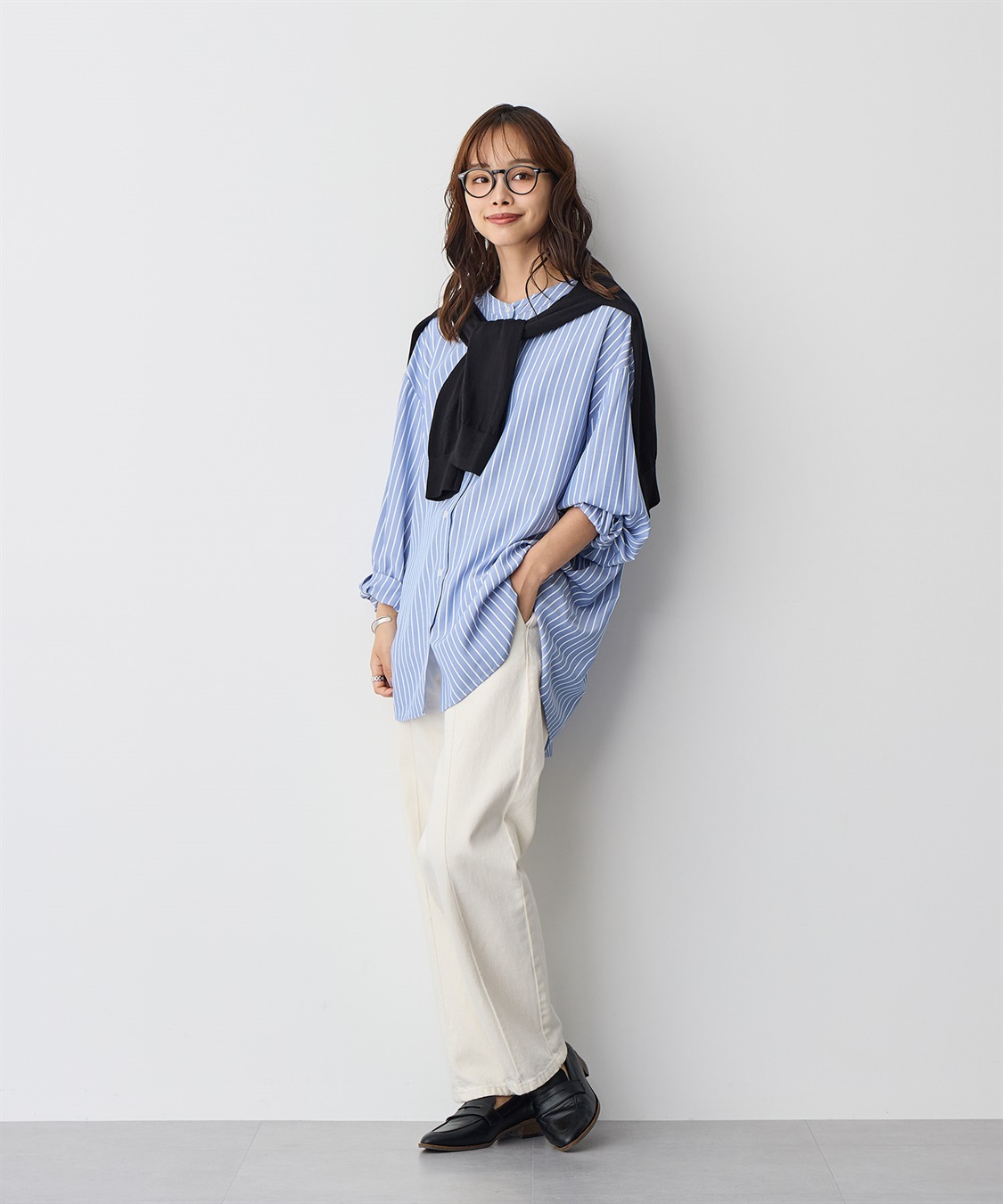 anyfee 【anyfee/プラスサイズ】バンドカラーストライプシャツ_sub_1