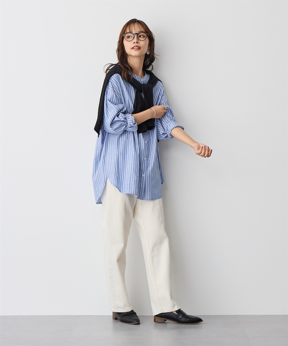 anyfee 【anyfee/プラスサイズ】バンドカラーストライプシャツ_sub_2