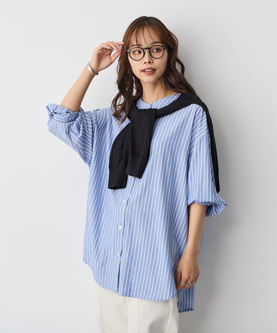 anyfee 【anyfee/プラスサイズ】バンドカラーストライプシャツ_sub_3