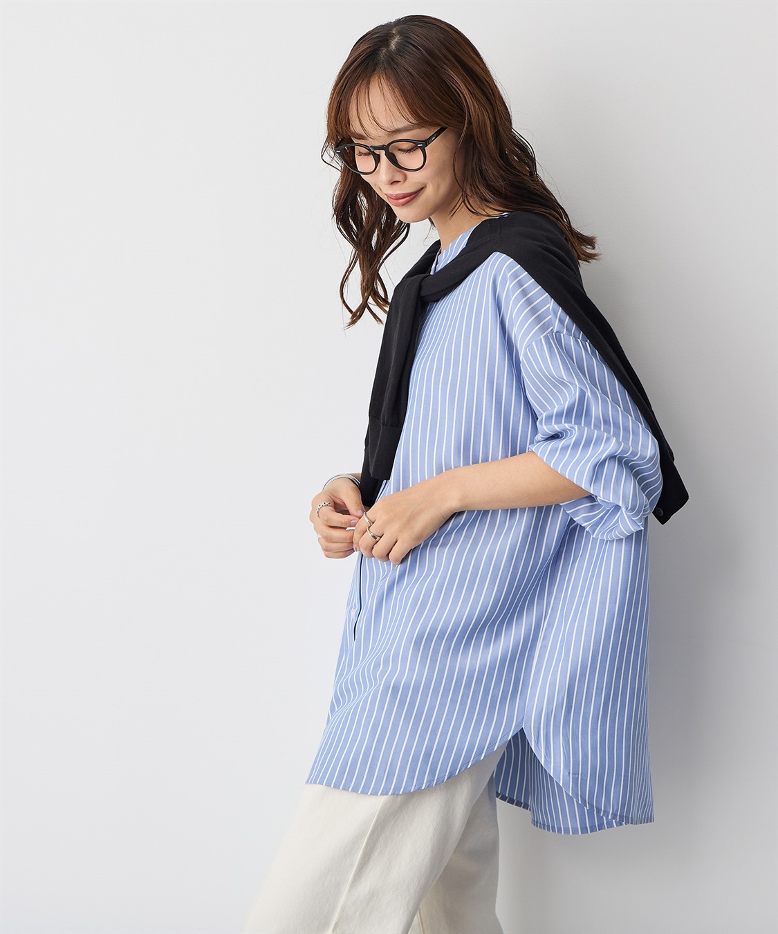 anyfee 【anyfee/プラスサイズ】バンドカラーストライプシャツ_sub_4