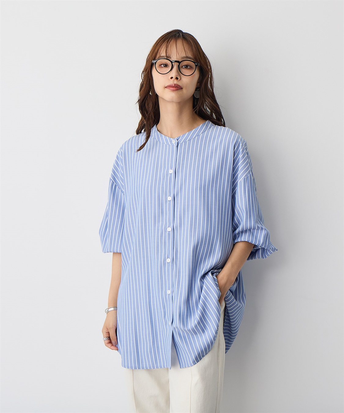 anyfee 【anyfee/プラスサイズ】バンドカラーストライプシャツ_sub_5