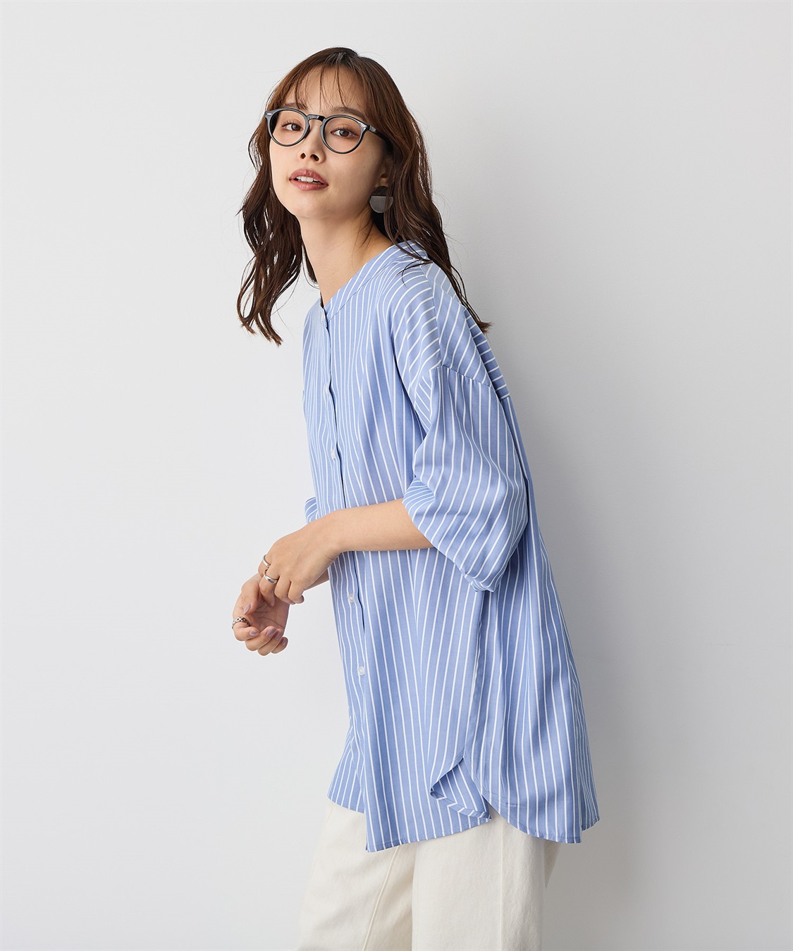 anyfee 【anyfee/プラスサイズ】バンドカラーストライプシャツ_sub_6