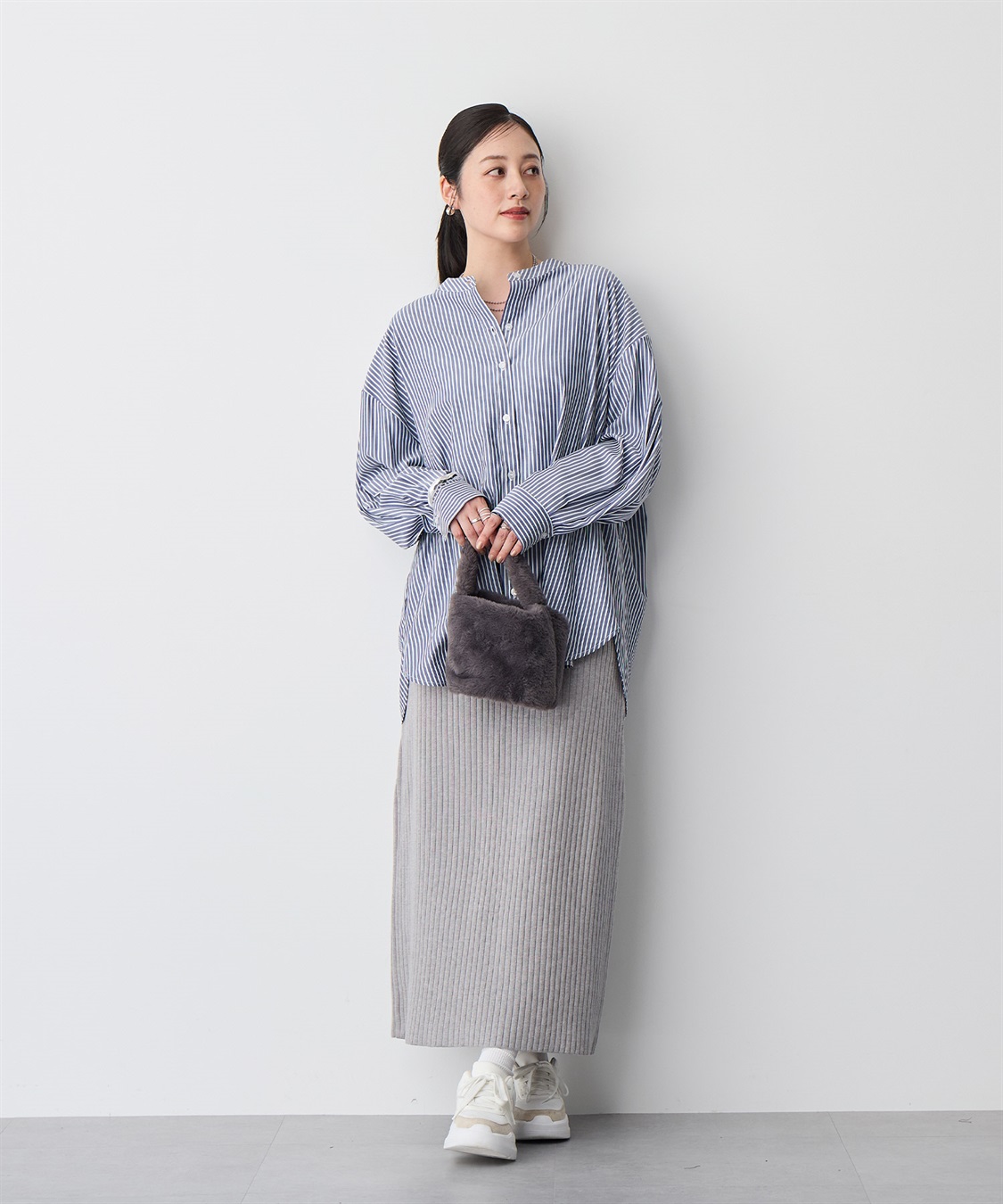 anyfee 【anyfee/プラスサイズ】バンドカラーストライプシャツ_sub_8