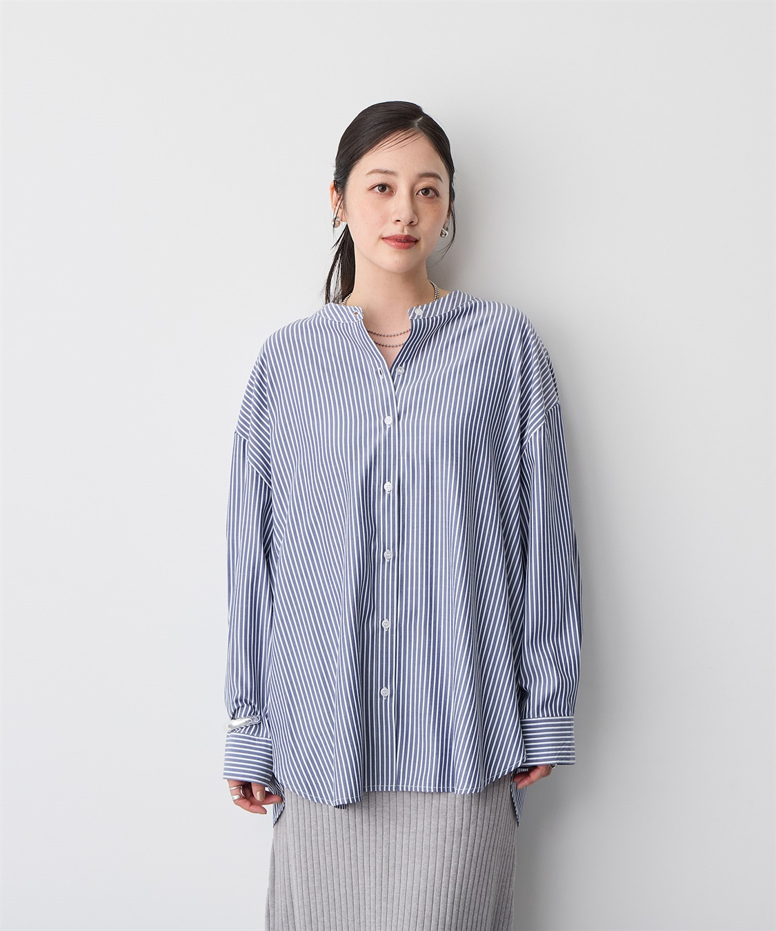 anyfee 【anyfee/プラスサイズ】バンドカラーストライプシャツ_sub_9