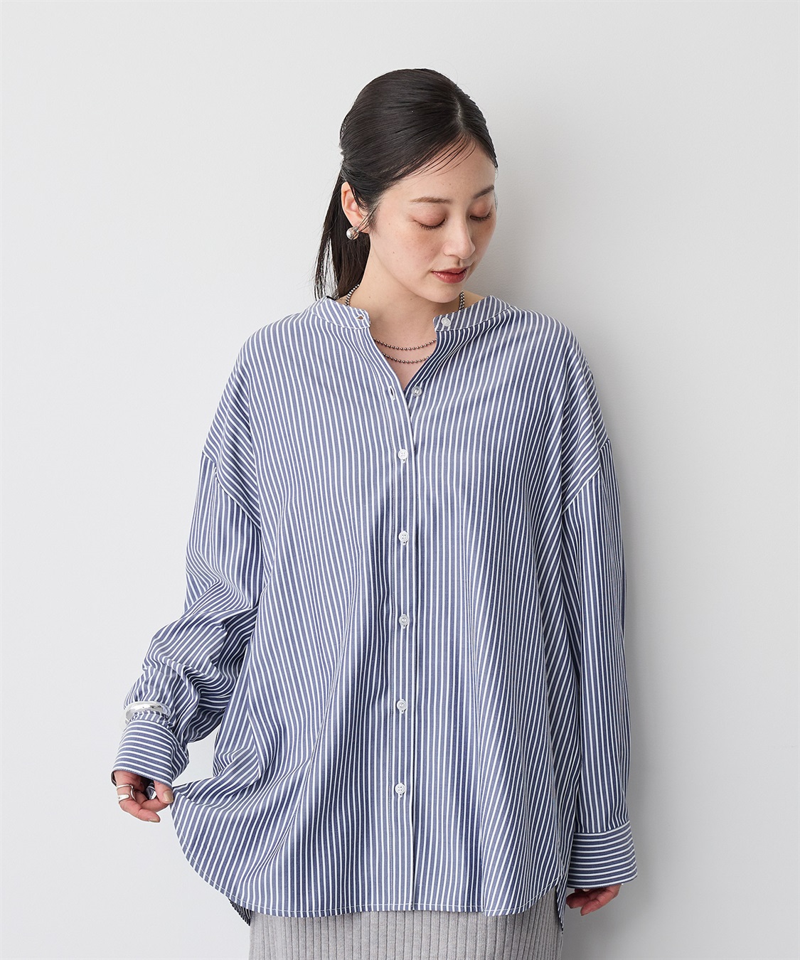 anyfee 【anyfee/プラスサイズ】バンドカラーストライプシャツ_sub_10