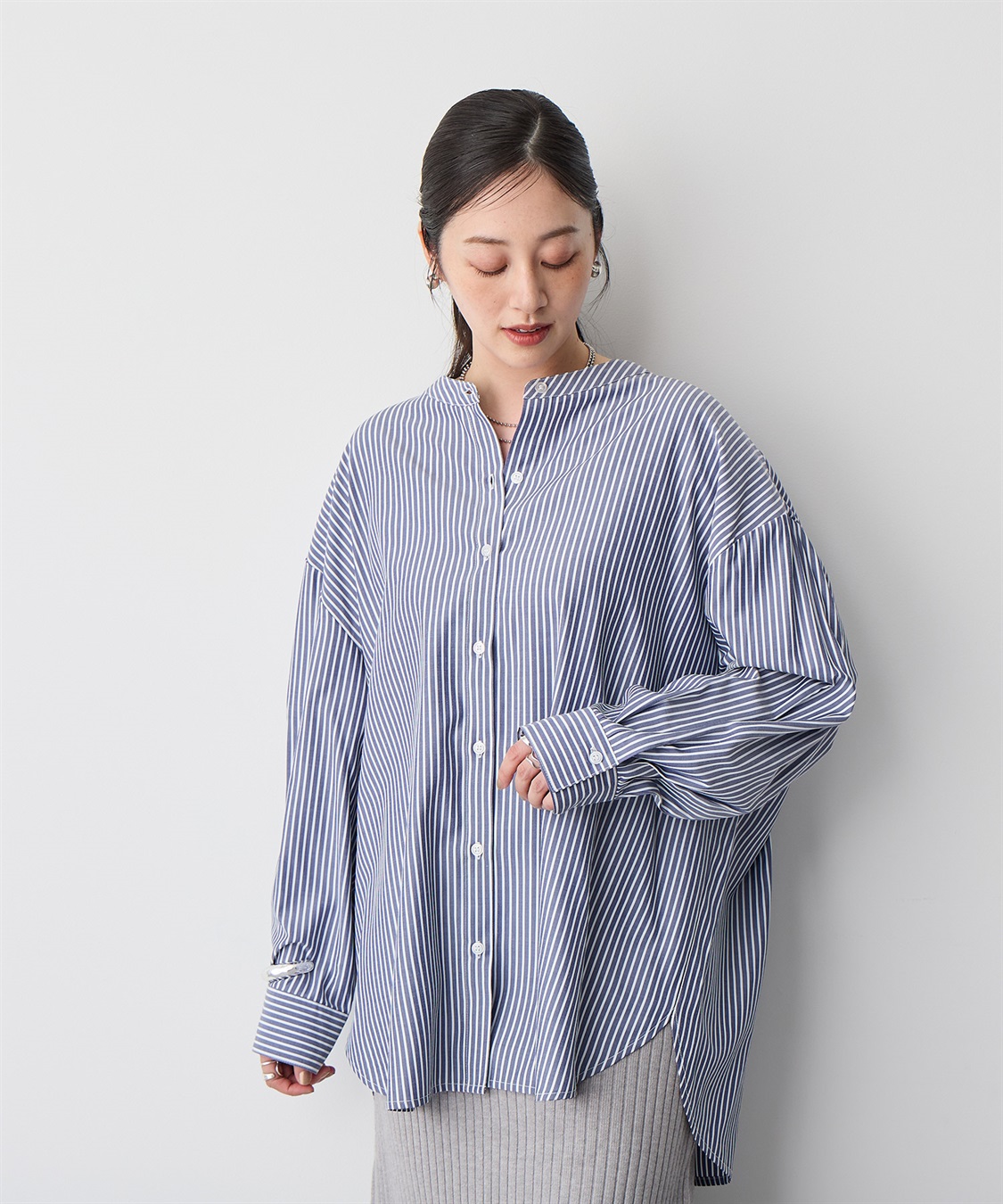 anyfee 【anyfee/プラスサイズ】バンドカラーストライプシャツ_sub_11