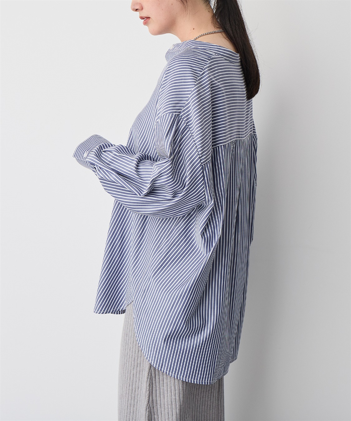 anyfee 【anyfee/プラスサイズ】バンドカラーストライプシャツ_sub_12