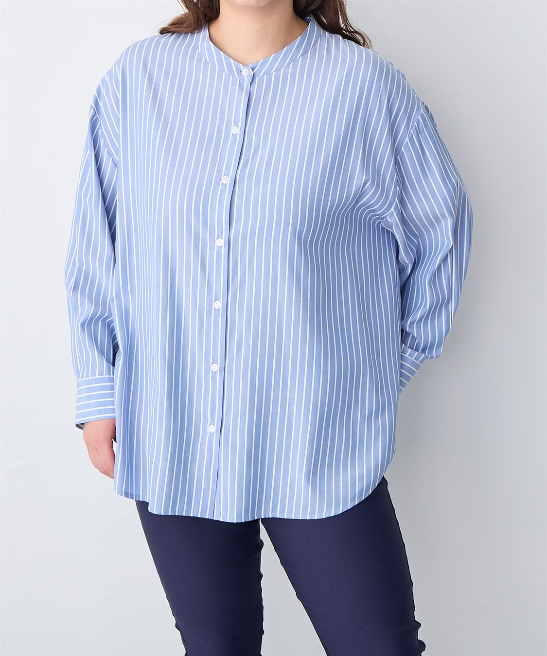 anyfee 【anyfee/プラスサイズ】バンドカラーストライプシャツ_sub_19