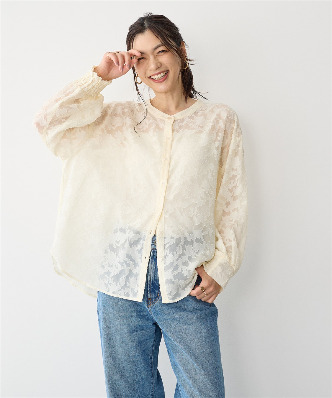 anyfee 【anyfee/プラスサイズ】フラワージャガードバンドカラーシアーブラウス_sub_1