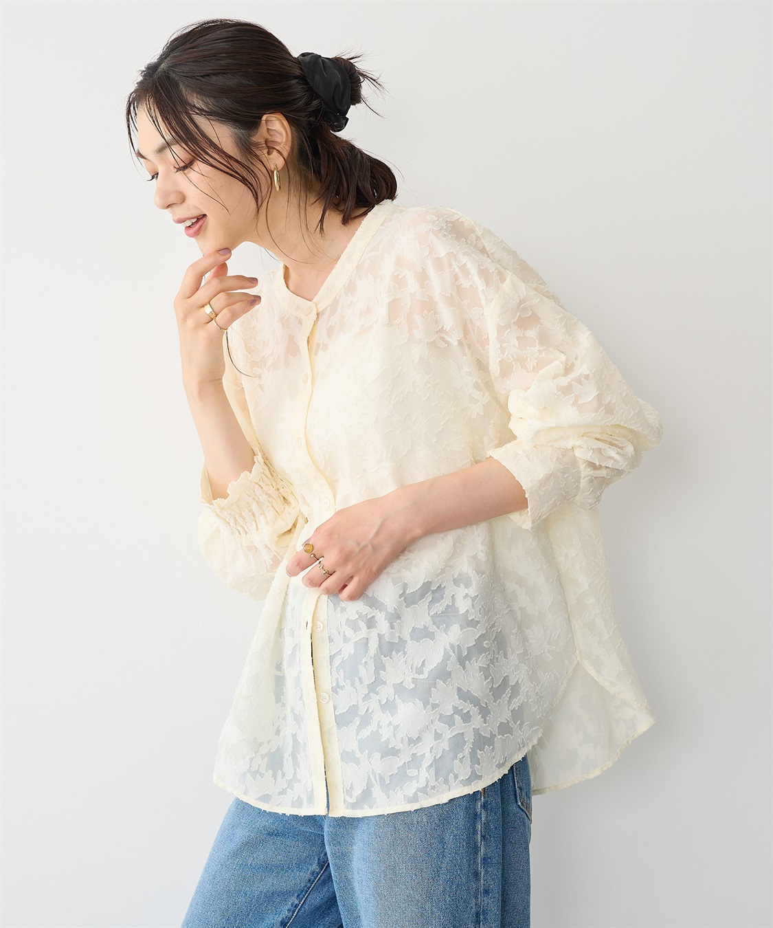 anyfee 【anyfee/プラスサイズ】フラワージャガードバンドカラーシアーブラウス_sub_2