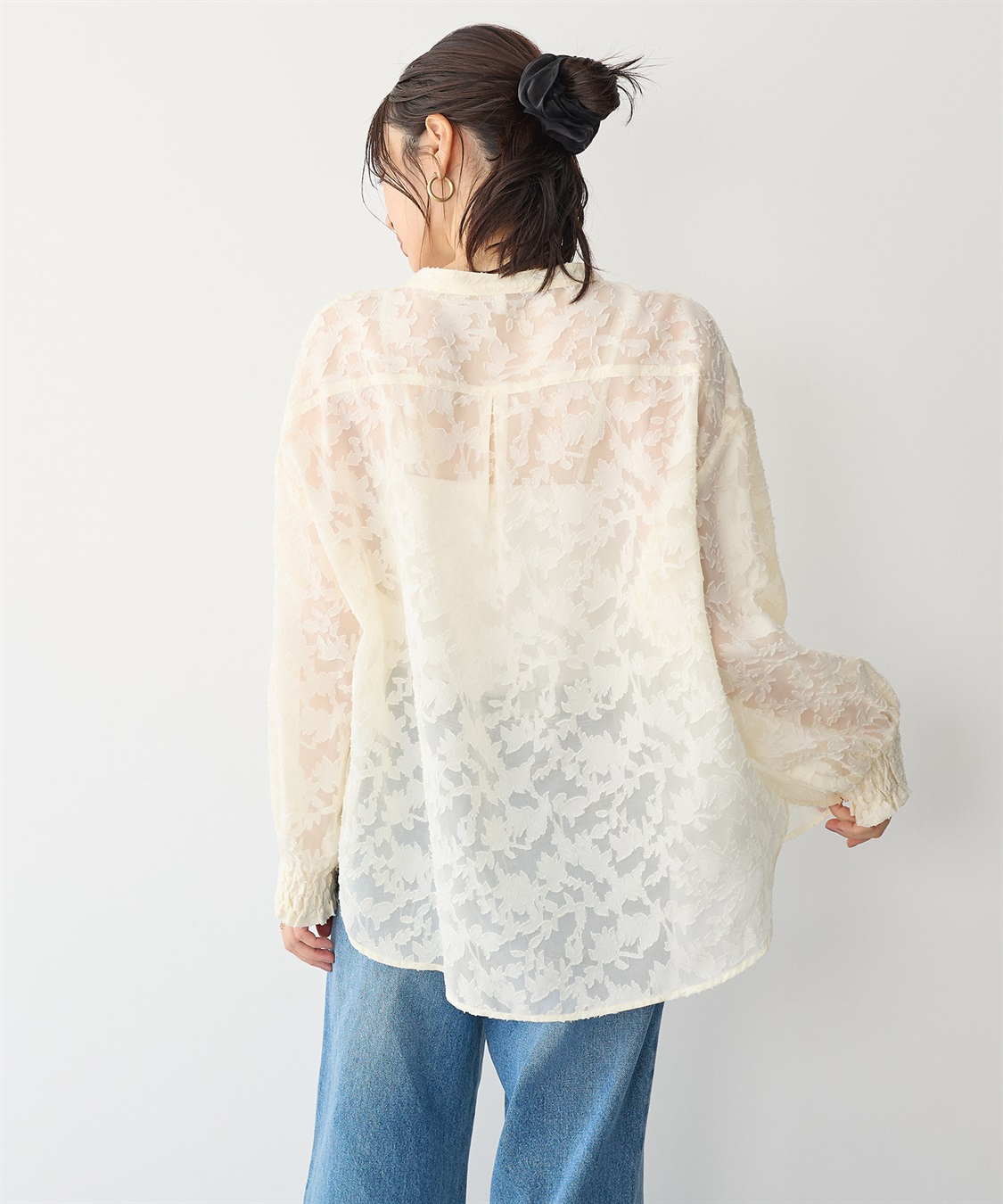 anyfee 【anyfee/プラスサイズ】フラワージャガードバンドカラーシアーブラウス_sub_3