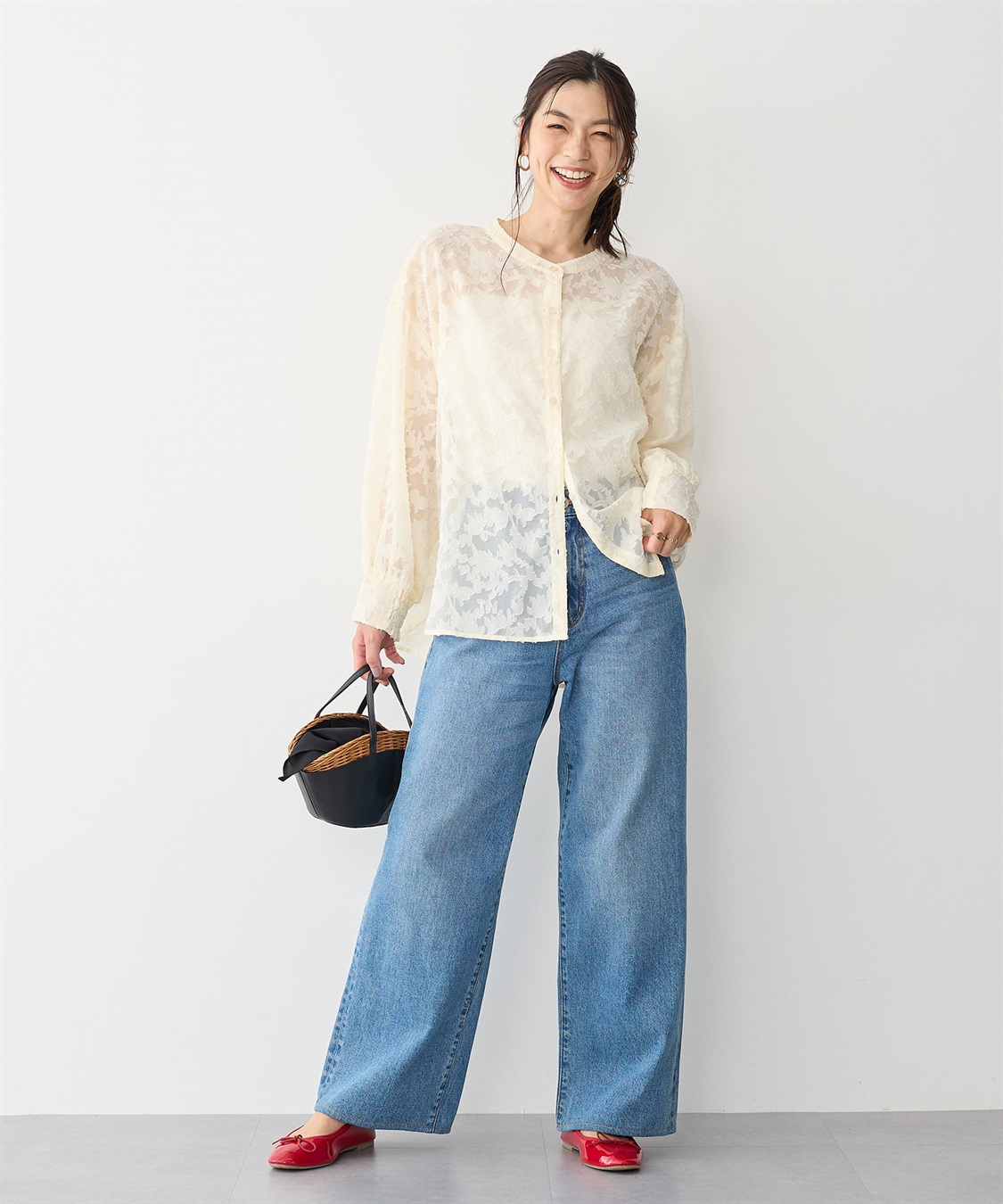 anyfee 【anyfee/プラスサイズ】フラワージャガードバンドカラーシアーブラウス_sub_4