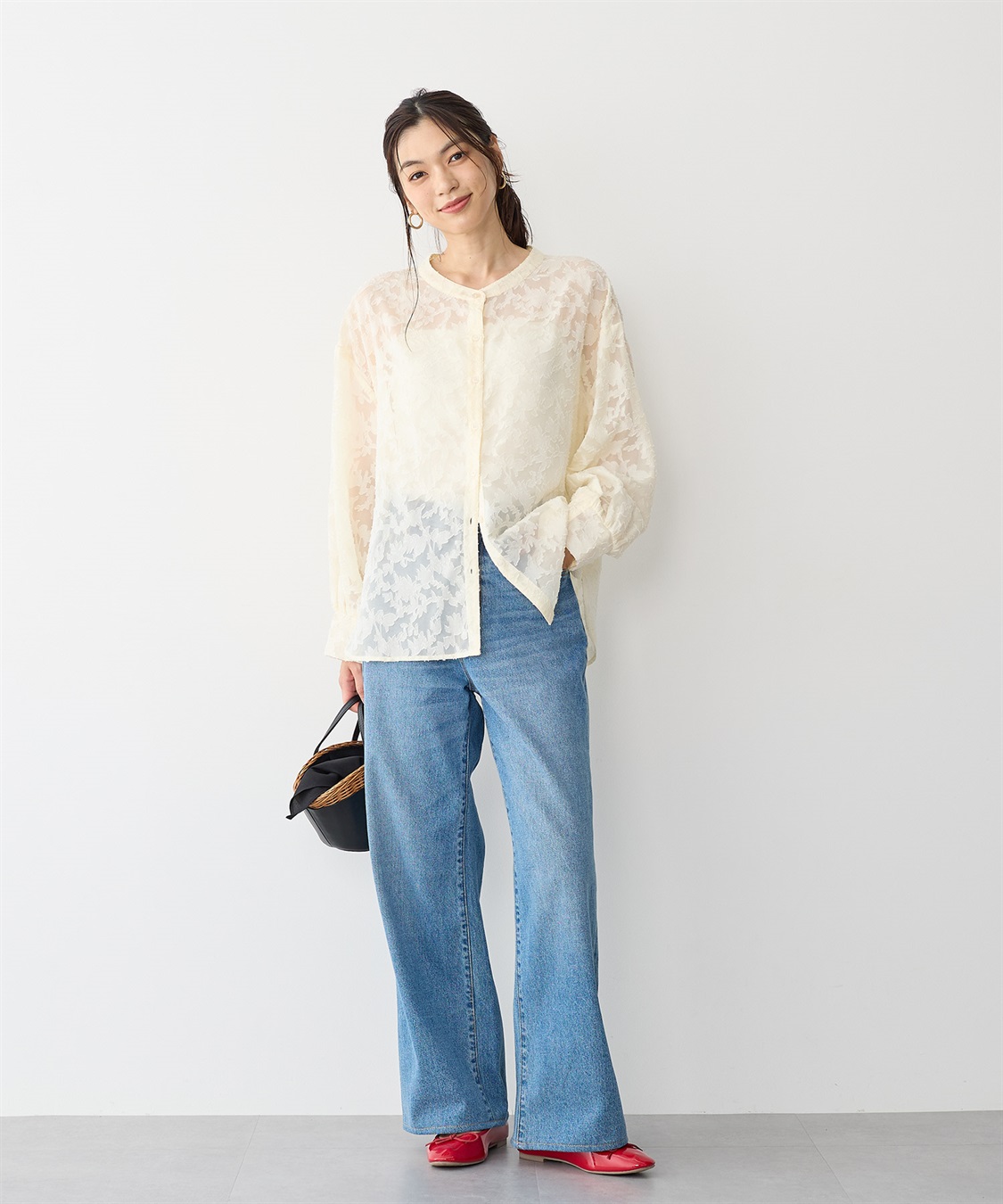 anyfee 【anyfee/プラスサイズ】フラワージャガードバンドカラーシアーブラウス_sub_5