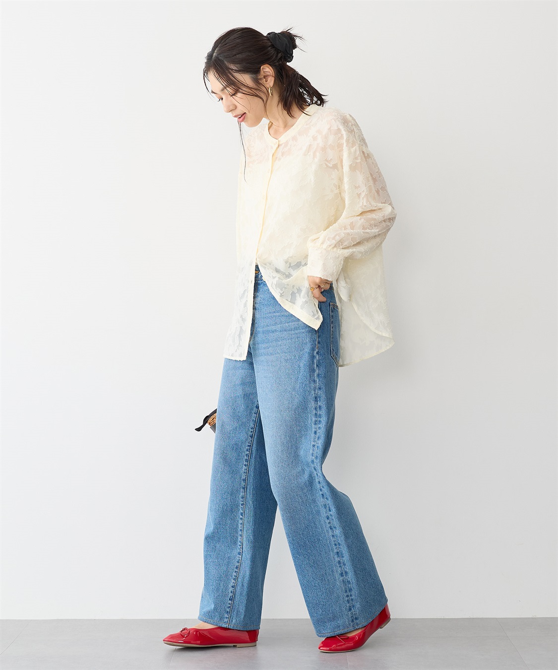 anyfee 【anyfee/プラスサイズ】フラワージャガードバンドカラーシアーブラウス_sub_6