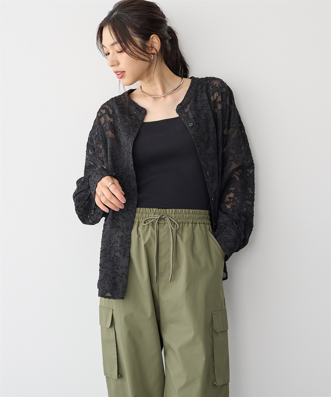 anyfee 【anyfee/プラスサイズ】フラワージャガードバンドカラーシアーブラウス_sub_7