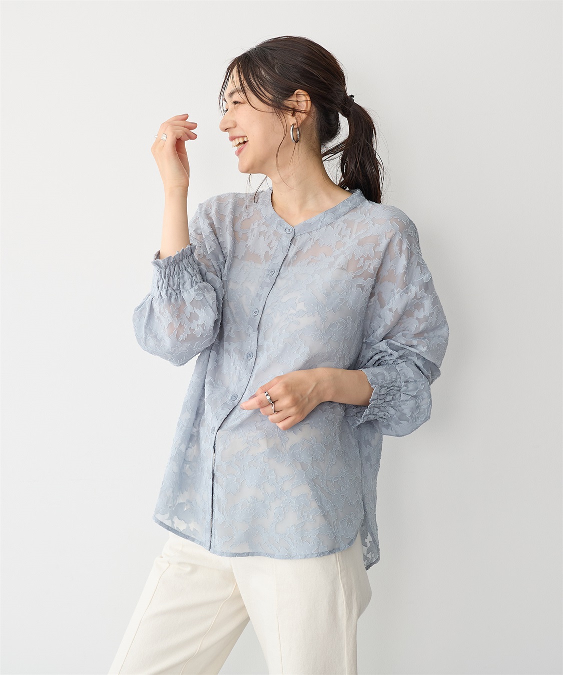 anyfee 【anyfee/プラスサイズ】フラワージャガードバンドカラーシアーブラウス_sub_14