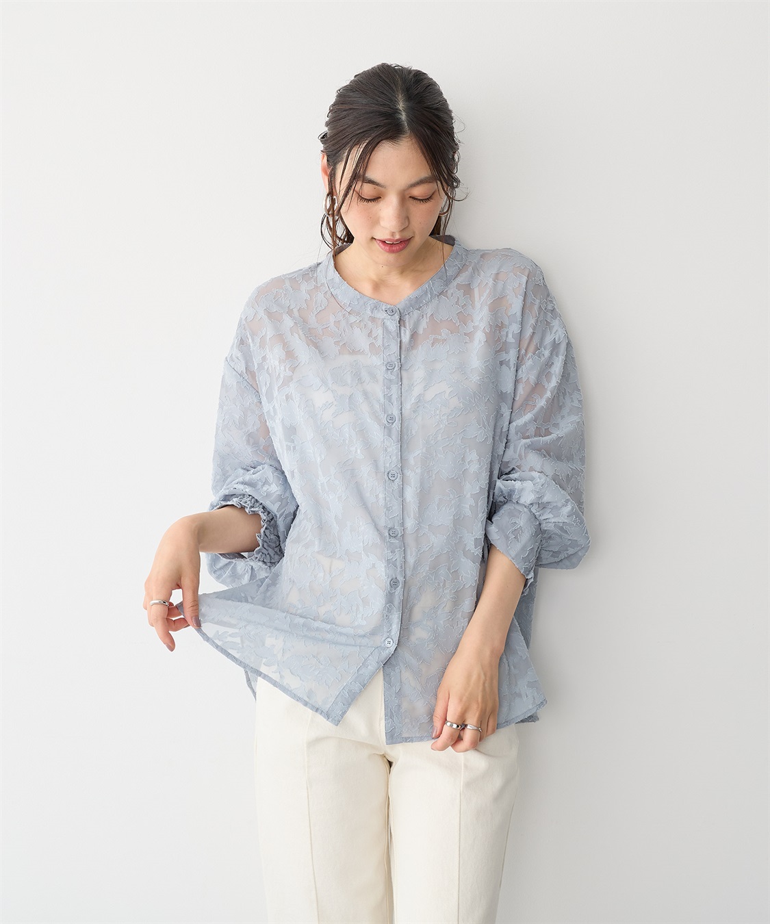 anyfee 【anyfee/プラスサイズ】フラワージャガードバンドカラーシアーブラウス_sub_16