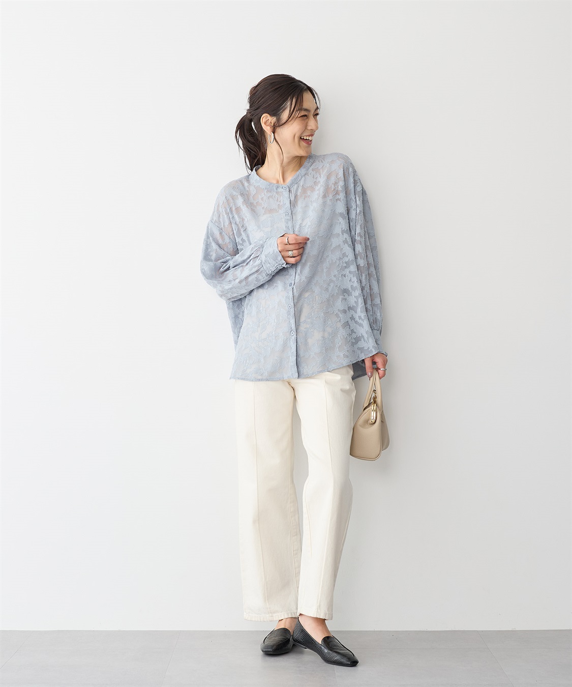 anyfee 【anyfee/プラスサイズ】フラワージャガードバンドカラーシアーブラウス_sub_17