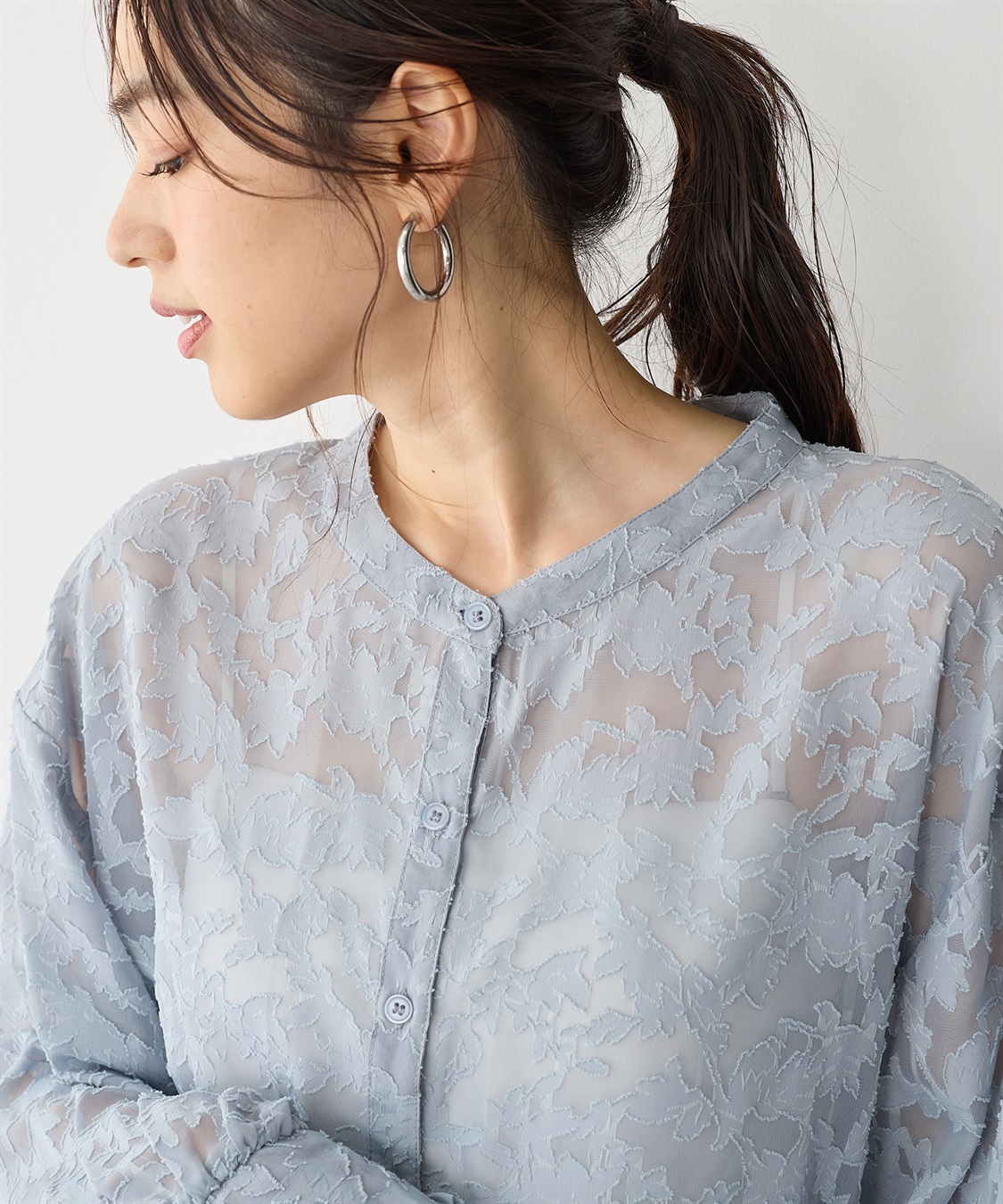 anyfee 【anyfee/プラスサイズ】フラワージャガードバンドカラーシアーブラウス_sub_19