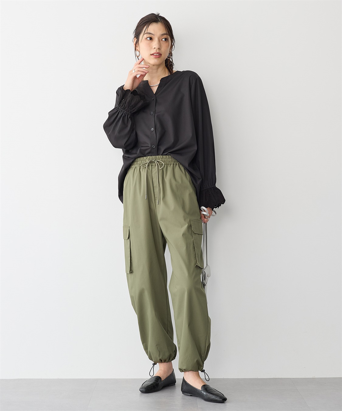 anyfee 【anyfee/プラスサイズ】袖口レースノーカラーブラウス_sub_1